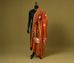 Hand-Painted Rust Orange Dupatta with Lotus and Pichwai Cow Art